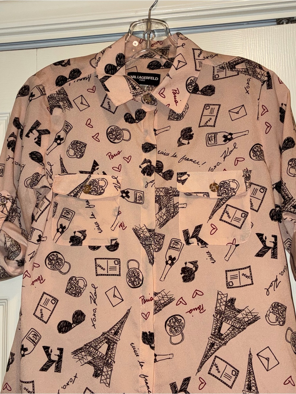 Karl Lagerfeld Pink Paris Theme Print Button-Up Shirt - Picture 2 of 11